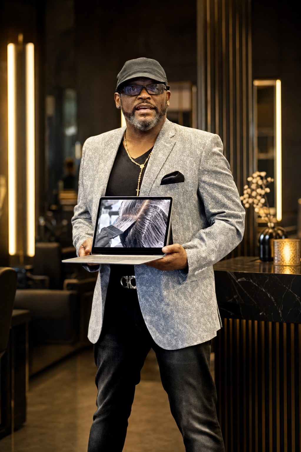 Teddy Chisom presenting professional hair color education in the Beverly's Academy