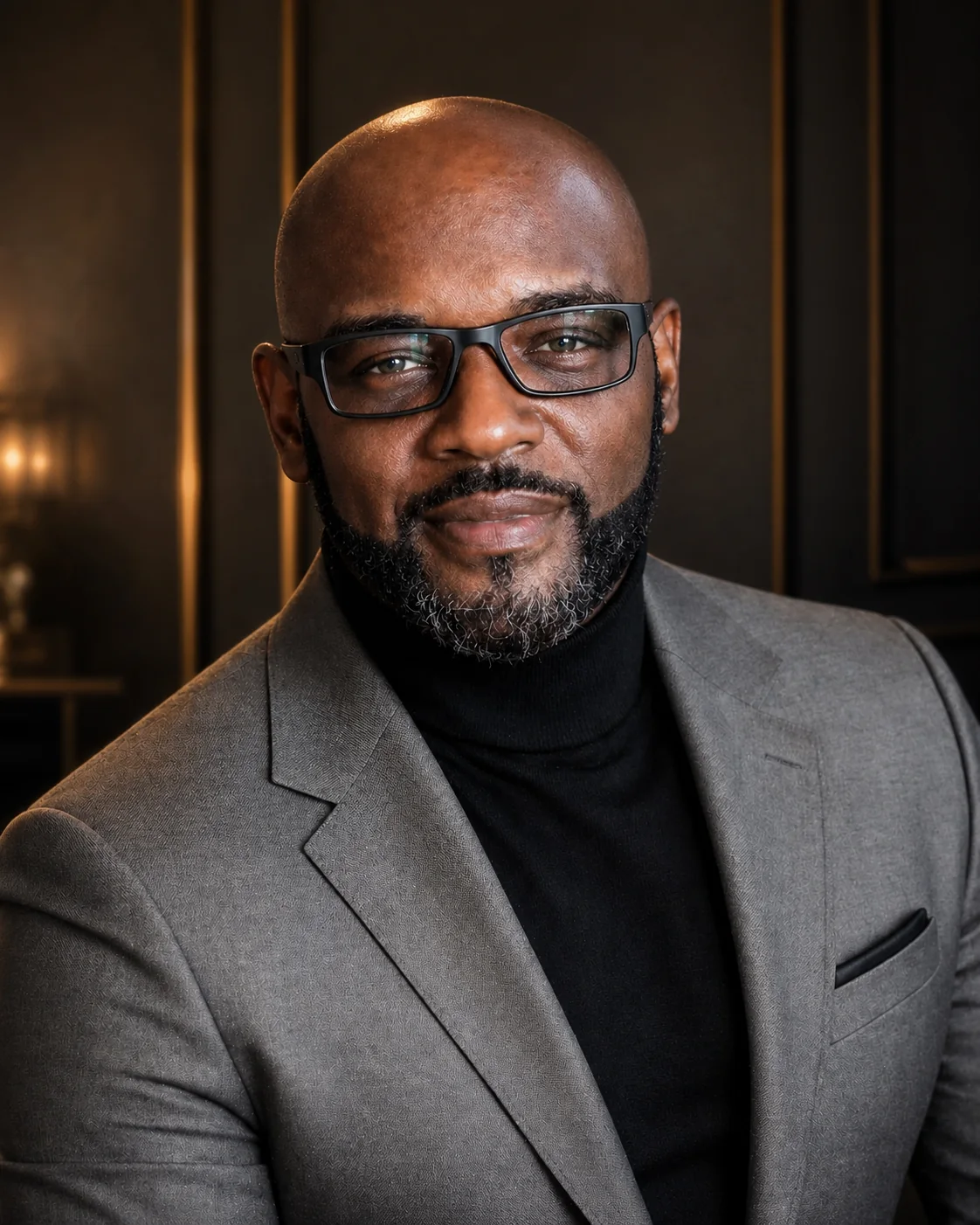 Professional portrait of Teddy Chisom in a gray jacket and black turtleneck