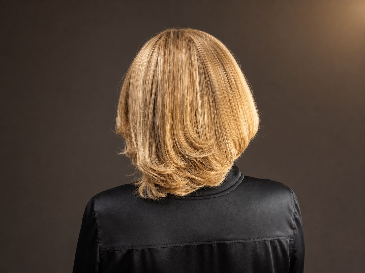 Layered back view of a finished custom blonde wig