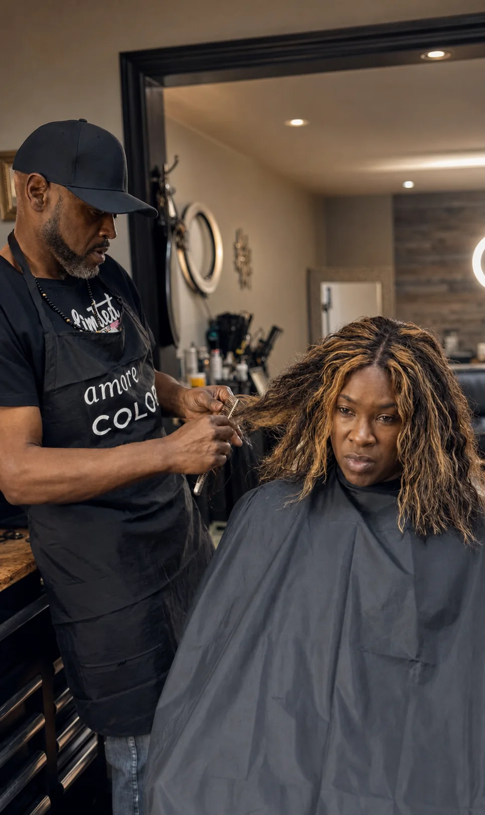 Teddy fitting and blending a highlighted wig for a client